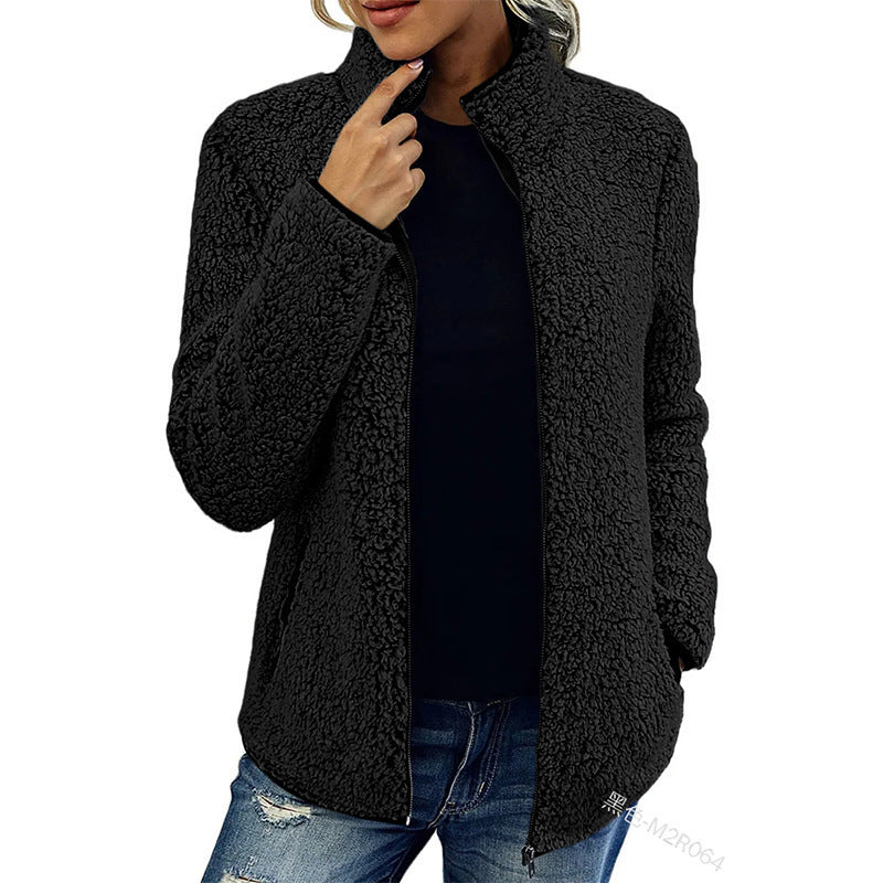 Fall Winter Warm Sweatshirt Stand Collar Solid Color Top Sweater Women's Casual Fashion Long Sleeve Zipper Bubble Velvet Coat Tops by My Store