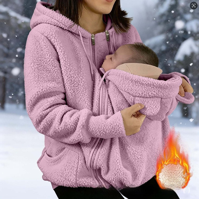 Corduroy Hooded Sweatshirt With Baby-pocket Women's Thickened Zip-up Jacket For Parent-Child Matching Outfits by DERILUJA LLC