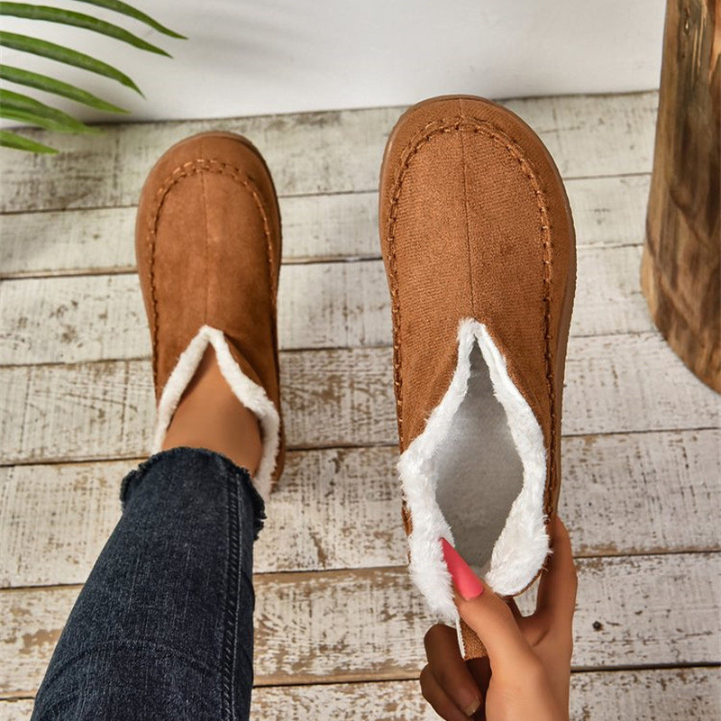 Fashion V-cut Plush Ankle Boots Winter Plus Velvet Flat Snow Boot Casual Warm Solid Suede Cotton Shoes For Women by DERILUJA LLC