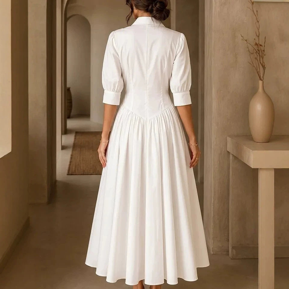 Cotton-linen Blend Single-breasted High-waisted Solid-color Dress by DERILUJA LLC