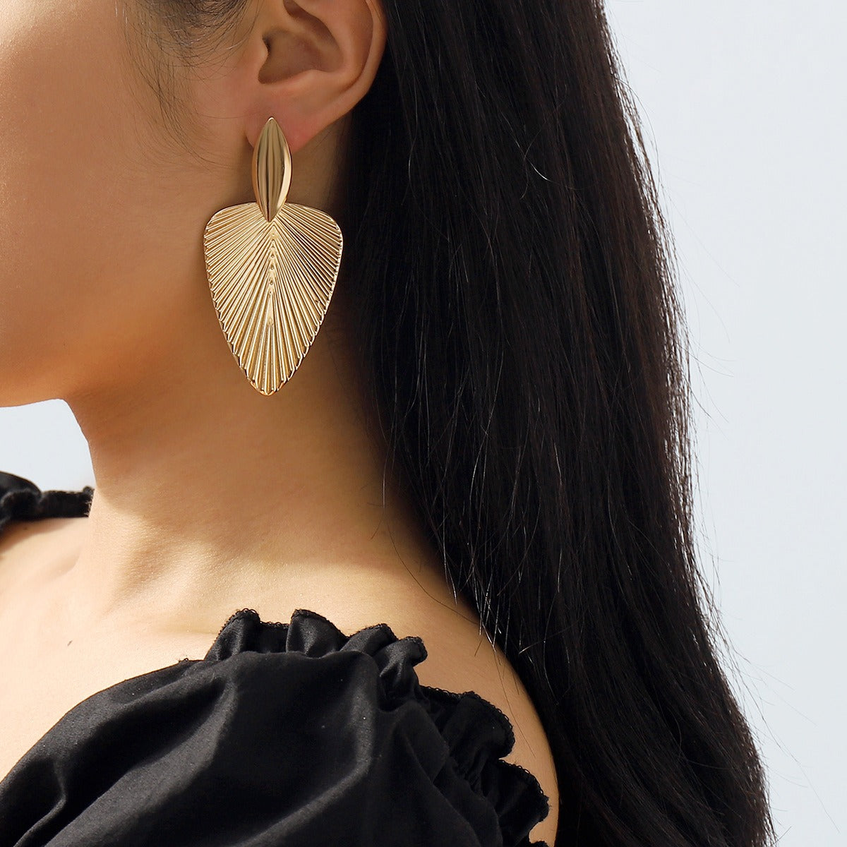 European and American fashion metallic cattail fan pendant earrings leaf texture geometric earrings for women by eprolo