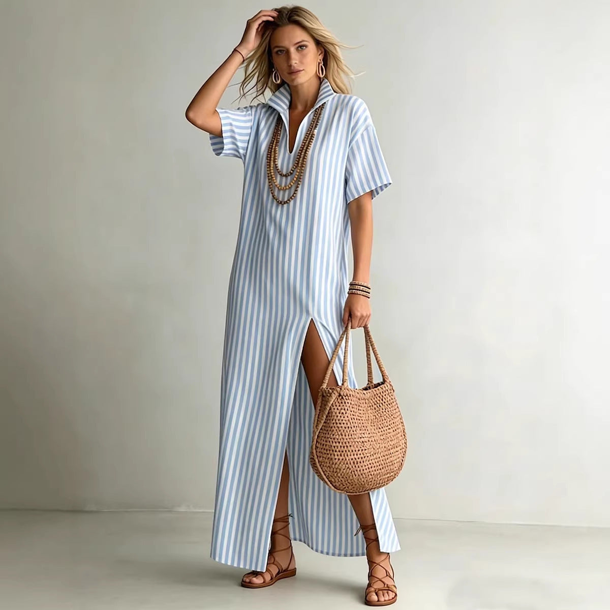 V-neck short sleeved striped split cotton linen dress by eprolo