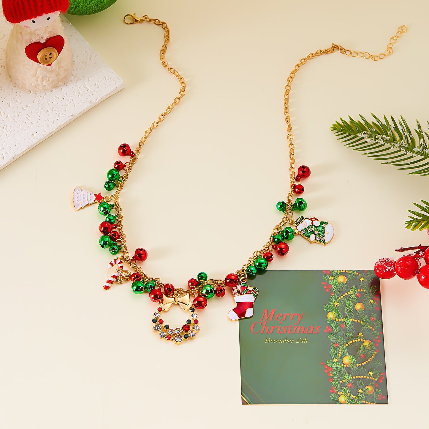 Christmas-themed Necklace for Women, Santa Claus Wreath Rhinestone Pendant, Christmas Bell and Tree Sweater Chain by eprolo