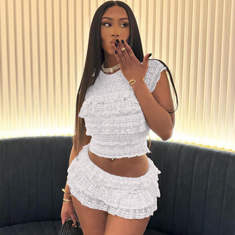 New Fashion Style Sweet and Spicy Girl Solid Color Hollow out Slim Fold Shorts Set for Women by eprolo