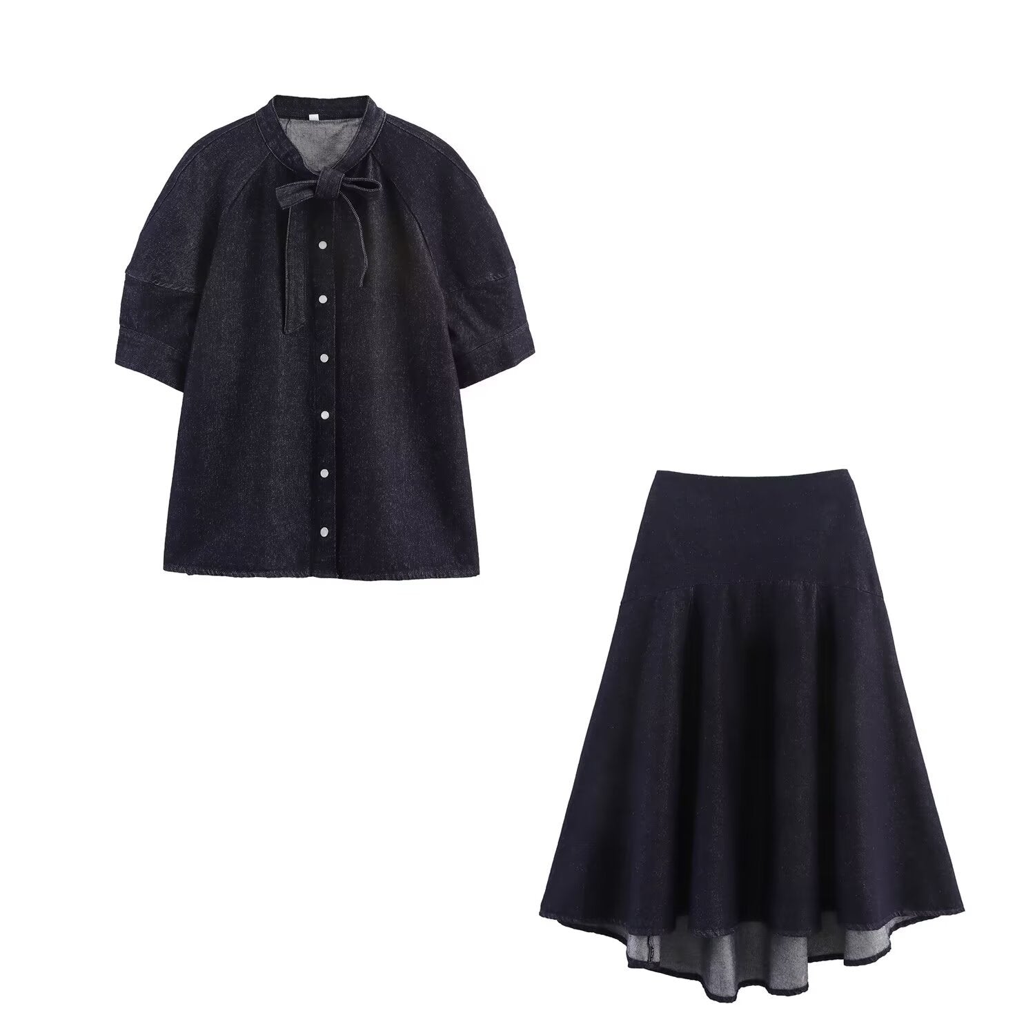 Bow tie denim shirt+skirt set