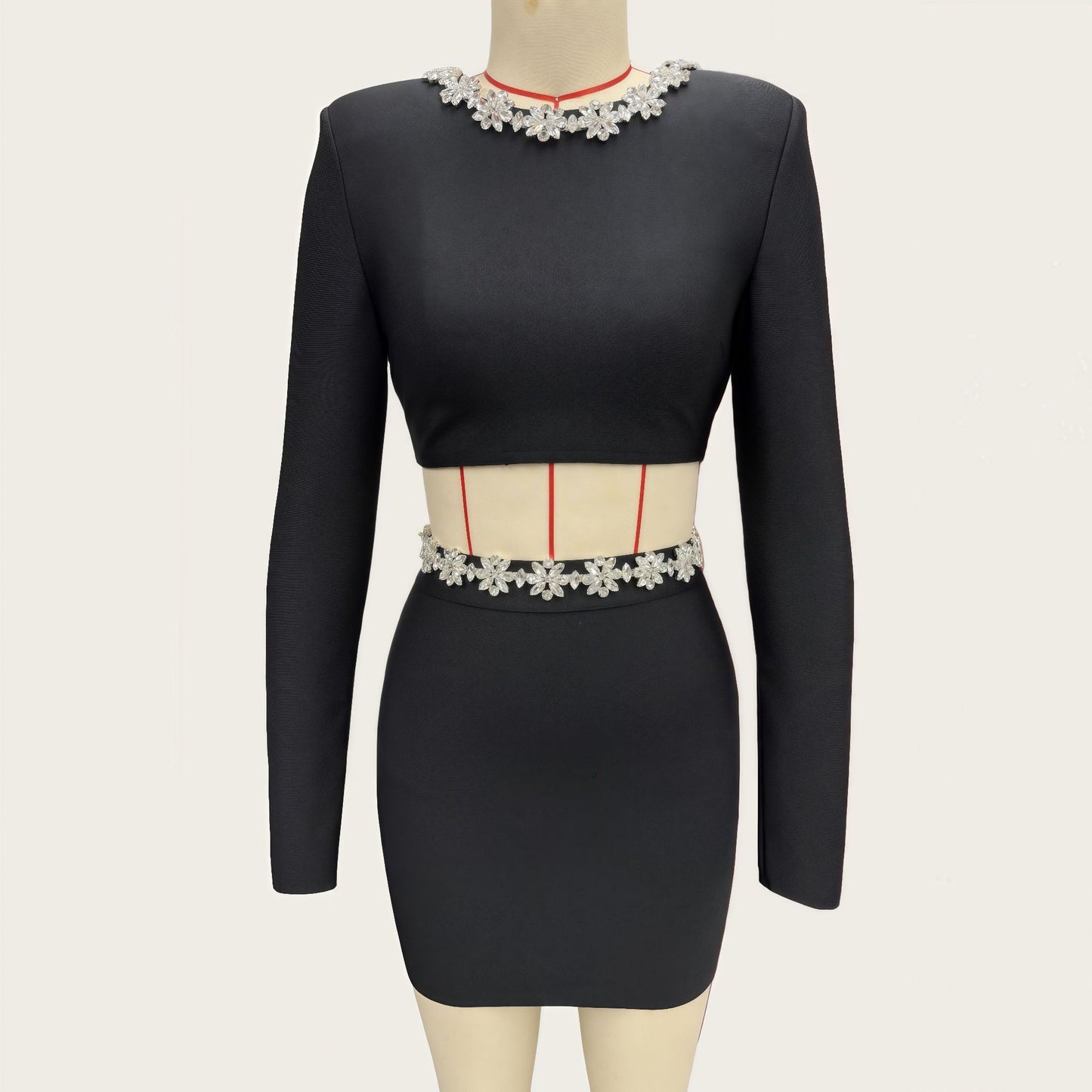 Diamond round neck long sleeved waist bandage set skirt by eprolo