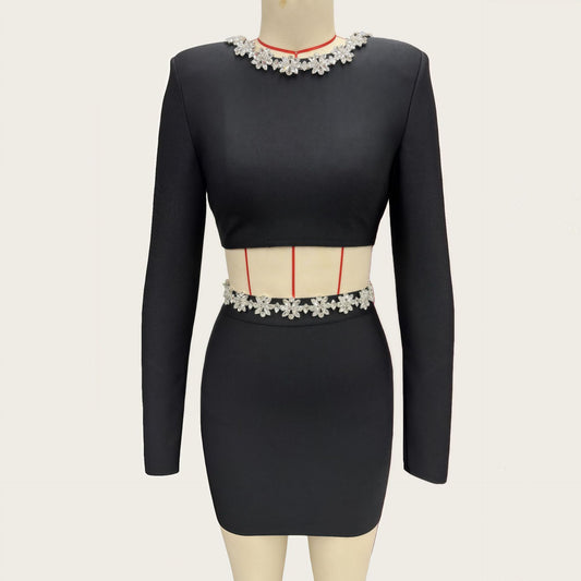 Diamond round neck long sleeved waist bandage set skirt by eprolo