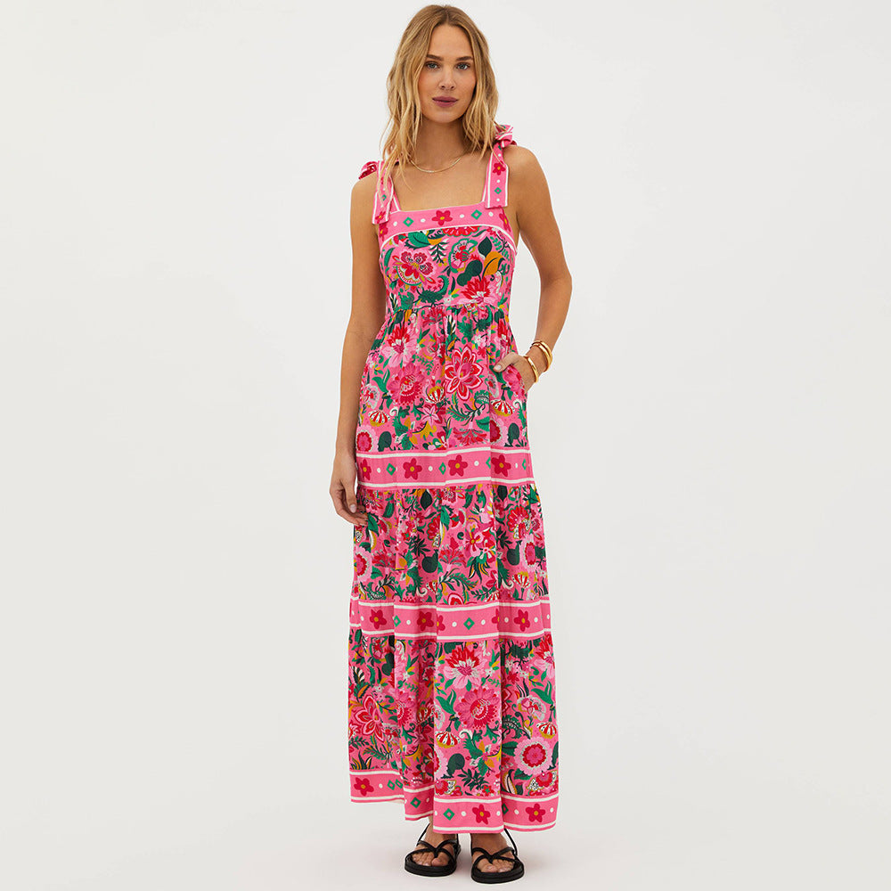 Print Strap Bow Detail One-piece Women's Swimwear by eprolo