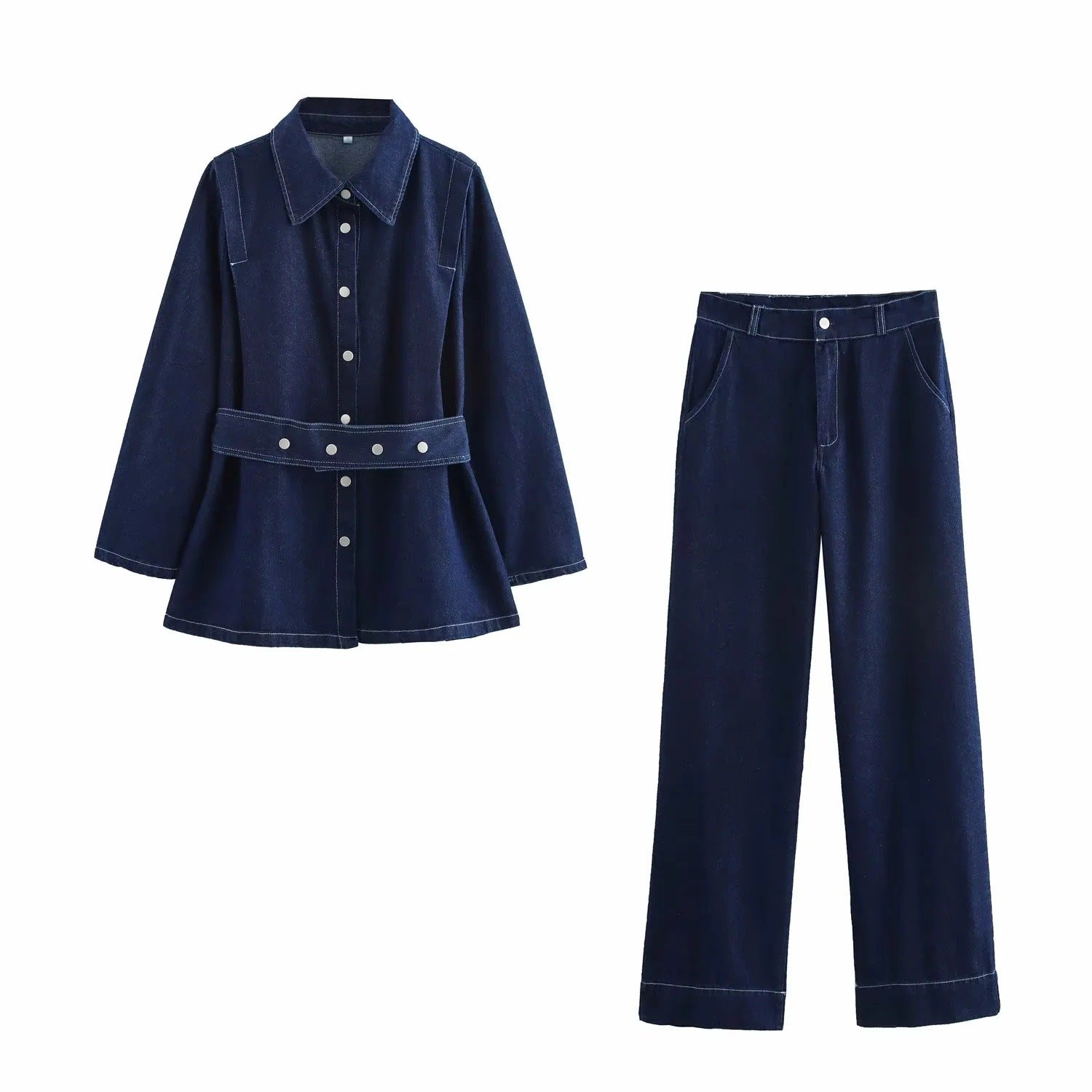 Belted Turn-Down Collar Denim Jacket Pants Set
