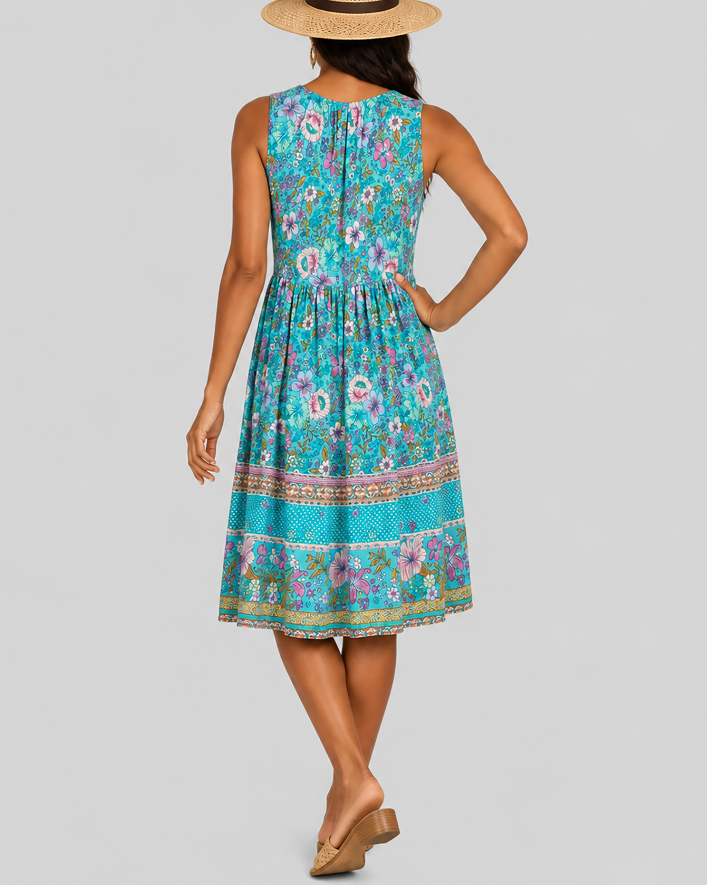 Women's Fashion Ethnic Style Blue Printed V-Neck Open Front Sleeveless Dress by eprolo