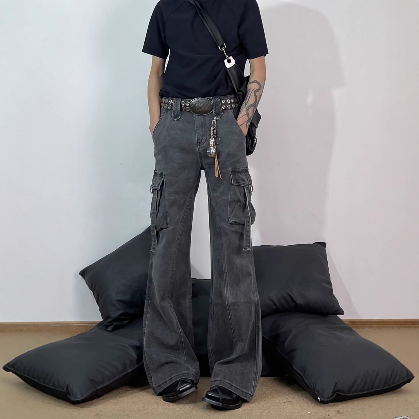 Retro Deconstructed Multi-Pocket Flared Cargo Pants for Men, Cool Streetwear Brand, Loose Clean Fit Straight Leg Casual Pants by eprolo