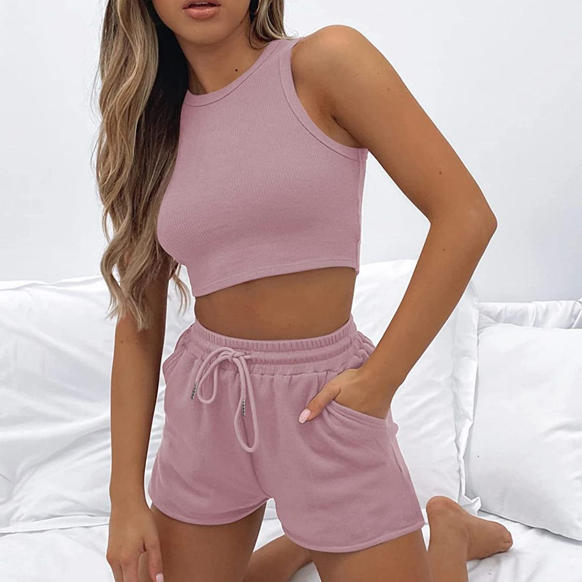 Casual Solid Color Sleeveless Waffle Knit Short Crop Top 2-Piece Set Women's Fashion Outfit by eprolo