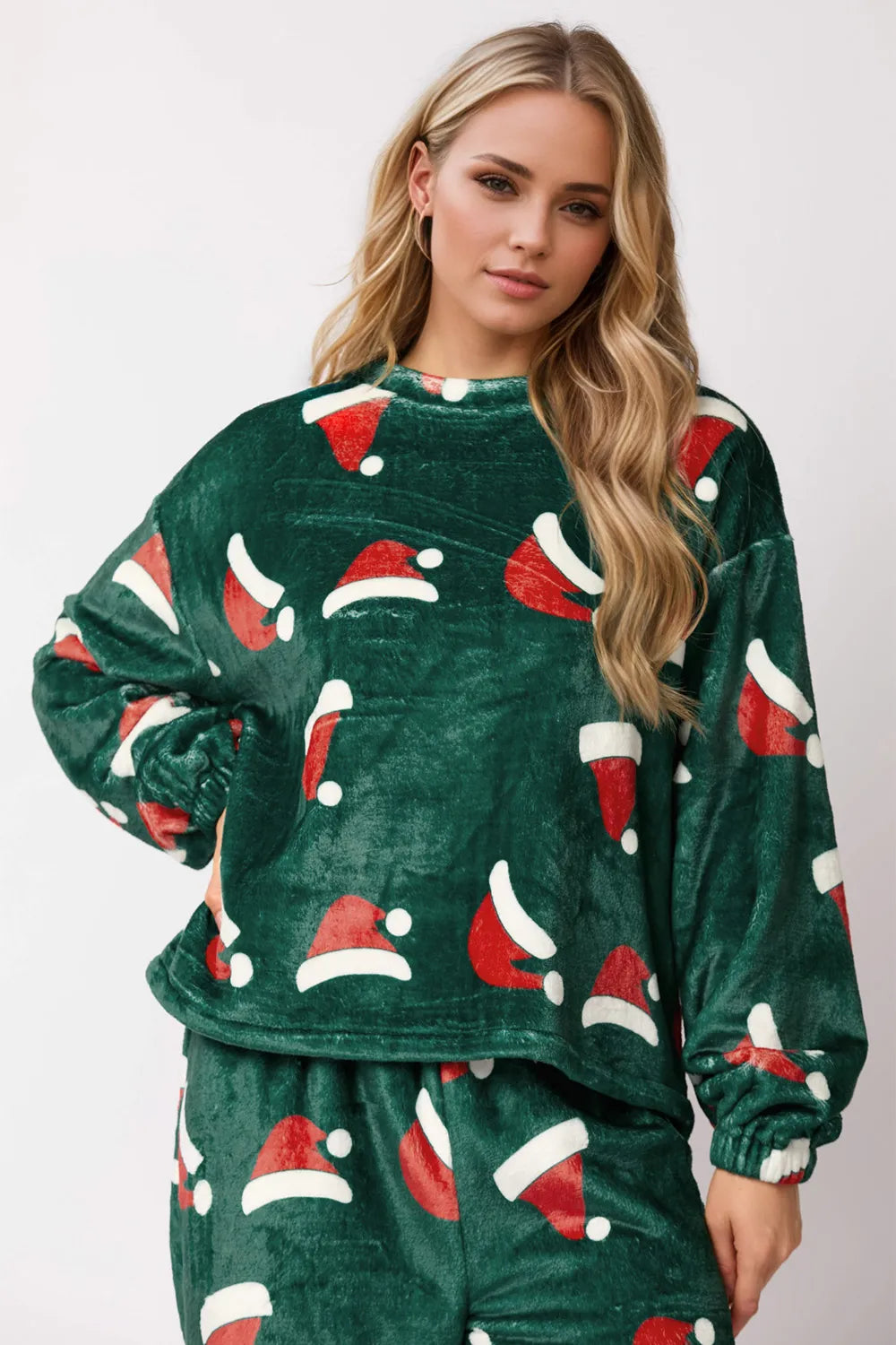 Christmas Hat Pattern Round Neck Long Sleeve Top and Pants Set by eprolo