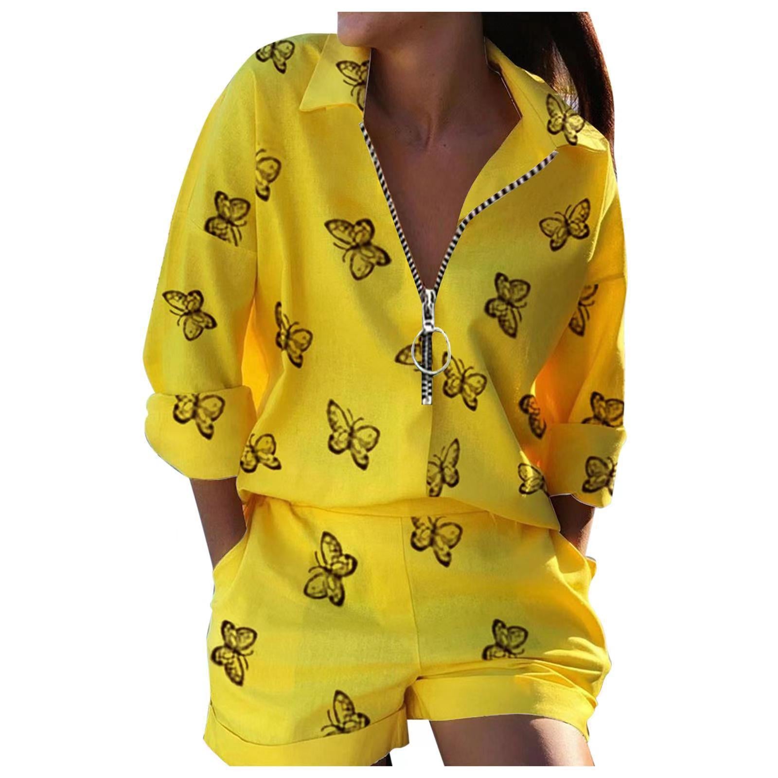 Fashionable Spring Women's Two-Piece Set with Long Sleeve Printed Zip-Up Top and Shorts by eprolo