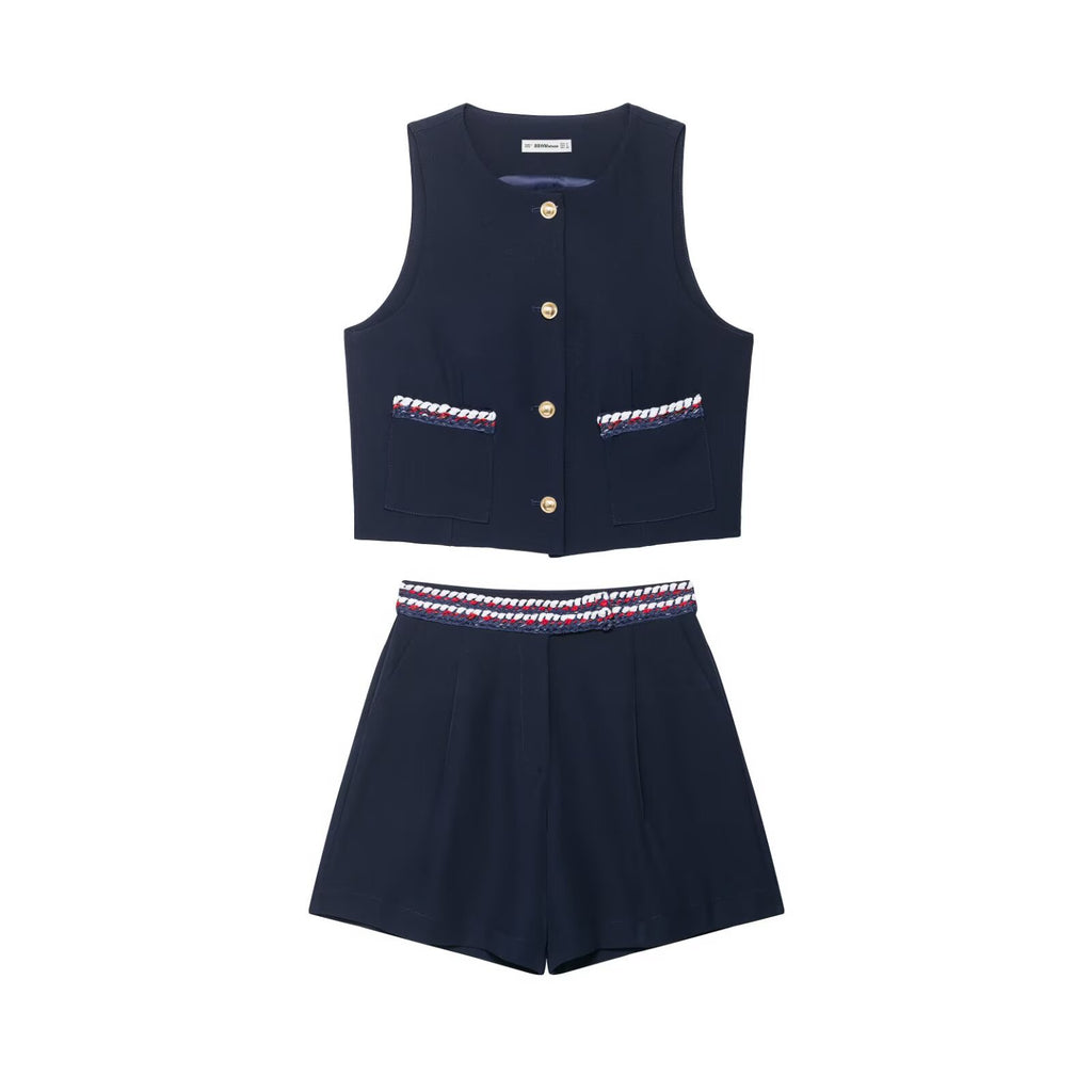 Fancy trimmed vest+shorts set