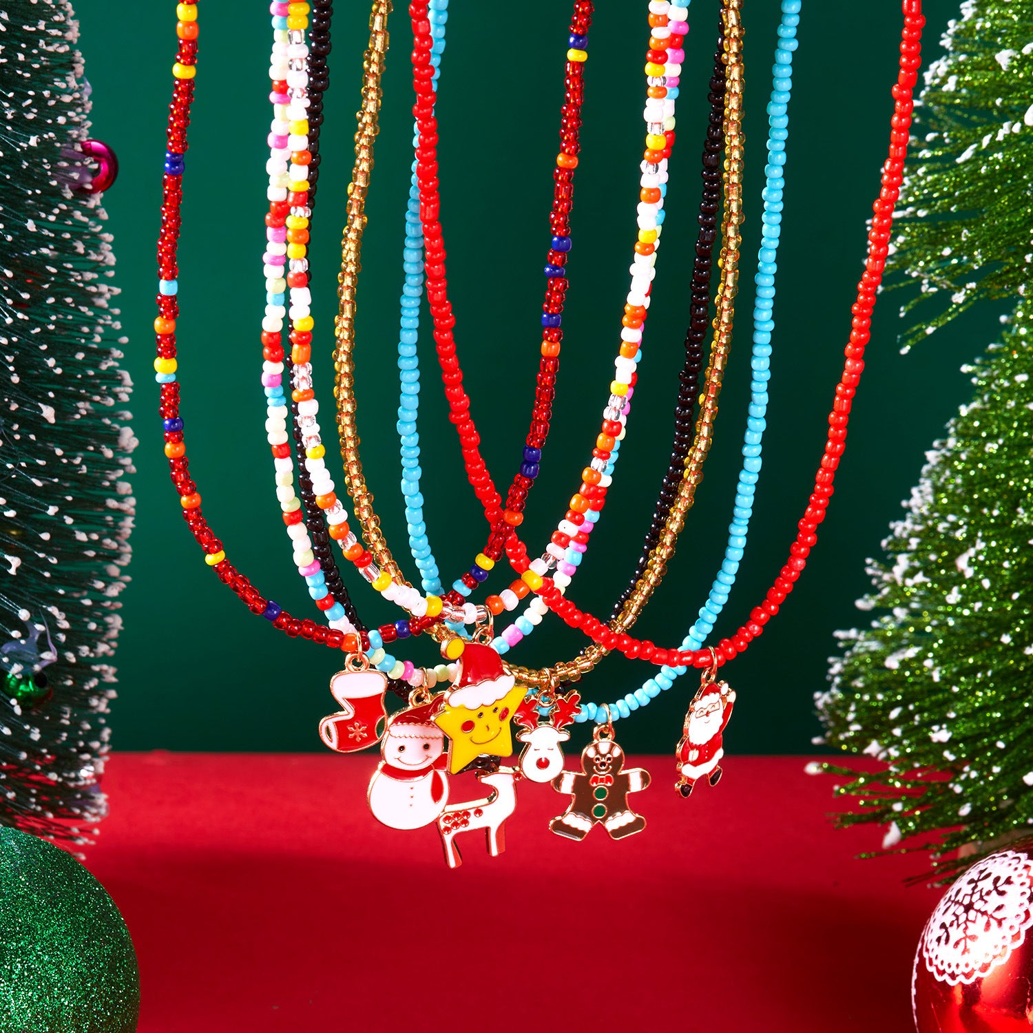 Christmas Cartoon Santa Bell Snowman Snowflake Pendant Colorful Seed Bead Necklace for Women