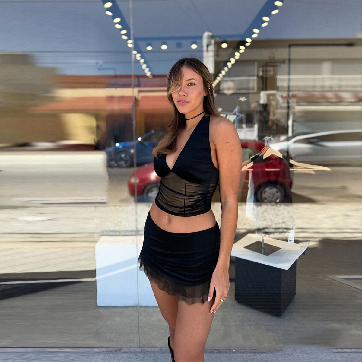 Bare back and navel mesh hanging neck skirt set for women