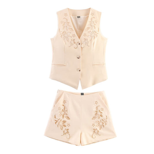 Hollow embroidery cotton linen style vest+shorts set by eprolo