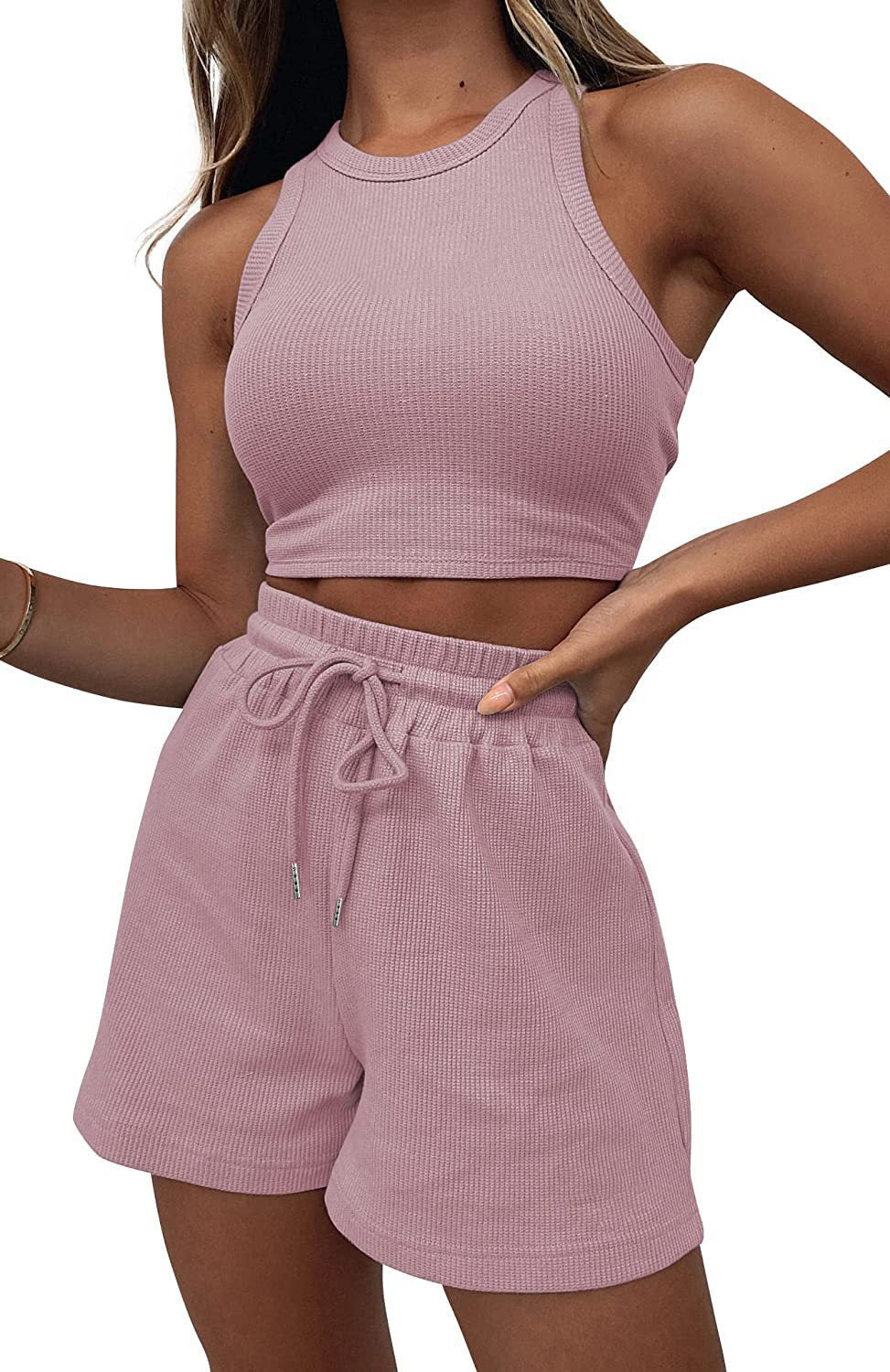 Casual Solid Color Sleeveless Waffle Knit Short Crop Top 2-Piece Set Women's Fashion Outfit by eprolo