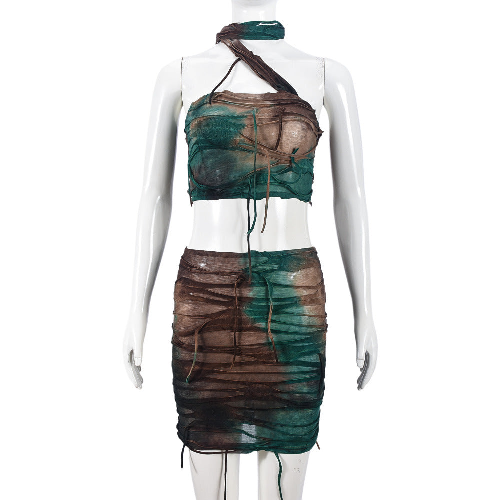 Wrap chest and wrap neck short skirt tie dye ripped tassel two-piece set sexy women's clothing by eprolo