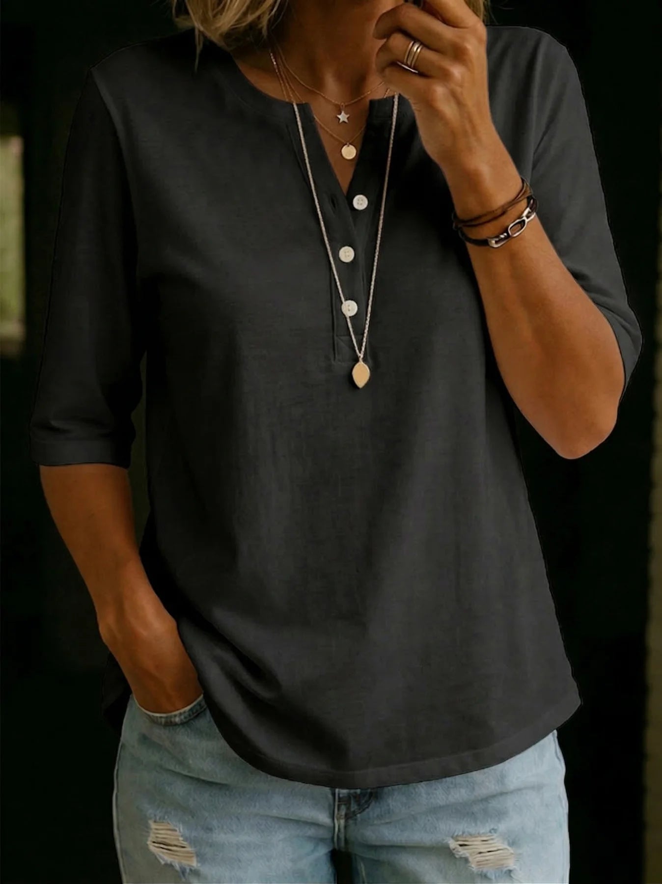 Classic Henley Neck Style Spring Summer New Women's Solid Color Button-Up Top by eprolo