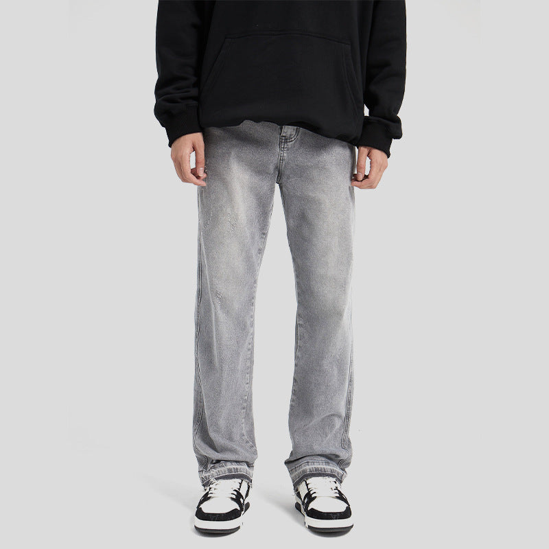 High-Quality Washed Light Gray Distressed Solid Color Denim Jeans with Raw Hem, Basic Casual Long Pants