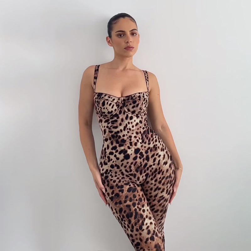 Fashion Sexy Leopard Print Strap Backless High Waist Butt-Lifting Bodycon Jumpsuit