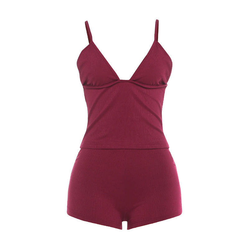 Autumn Winter New Women's Deep V-Neck Strap Sleepwear Solid Color Low Waist Shorts Home Wear Set