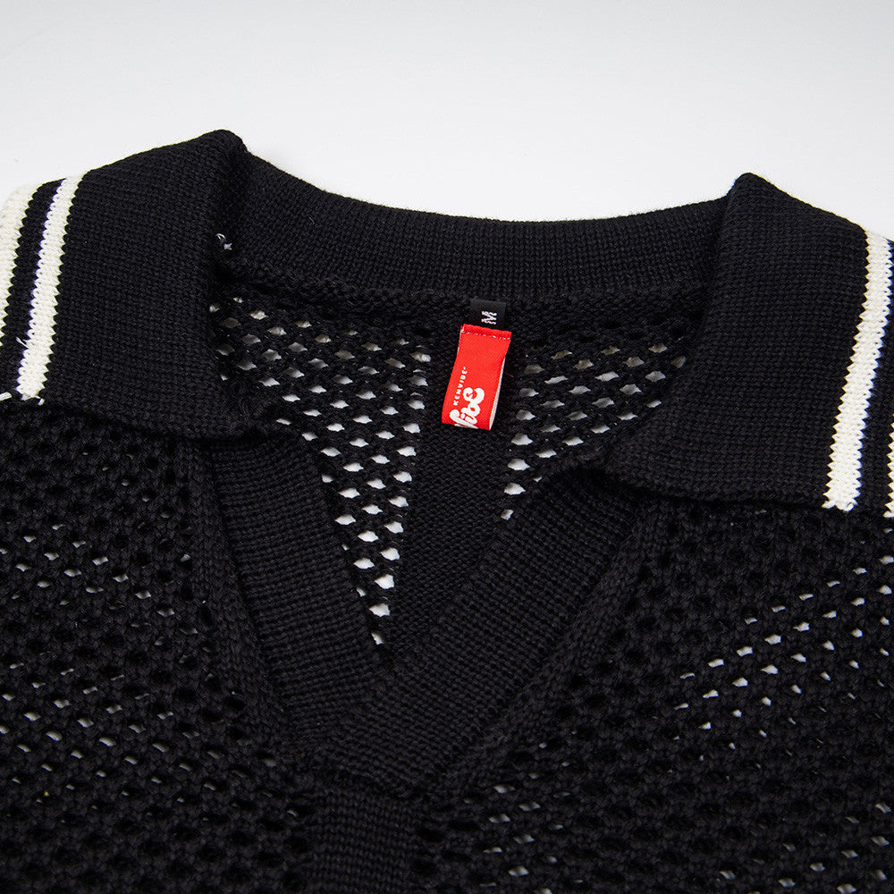 Hollow mesh V-neck polo shirt top by eprolo