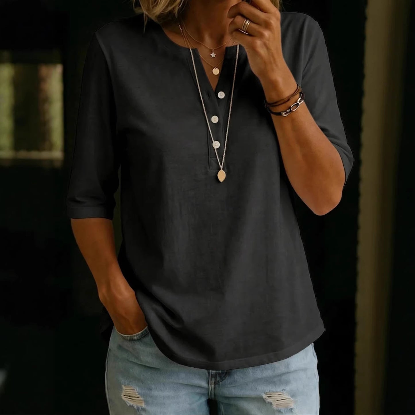 Classic Henley Neck Style Spring Summer New Women's Solid Color Button-Up Top by eprolo