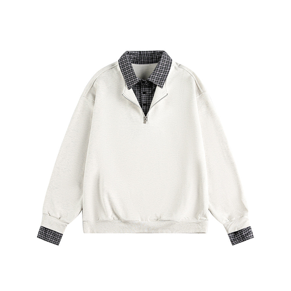 Checkered Spliced Mock Two-Piece Old Money Style Polo Neck Pullover Hoodie by eprolo