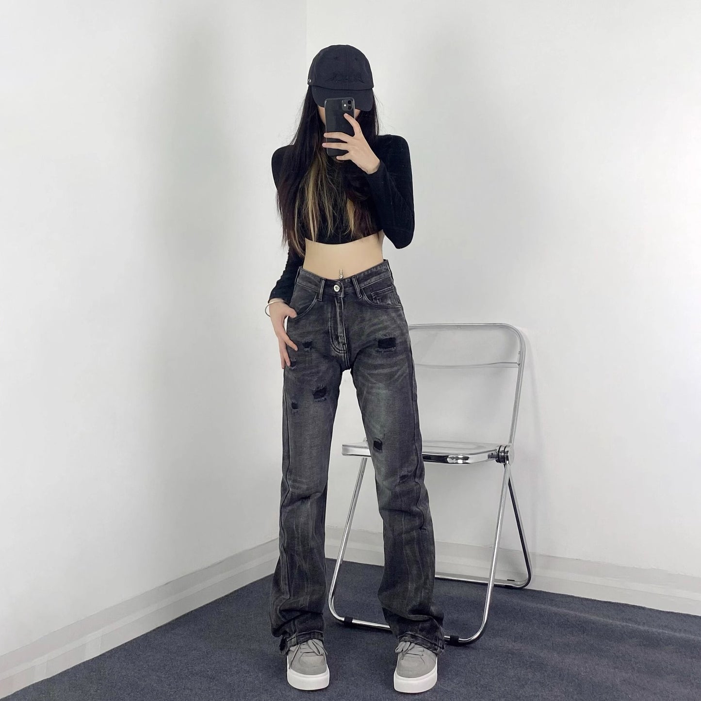 Street Style Retro Ripped Jeans for Women,INS Retro Fitted Slimming Flared Casual Pants by eprolo