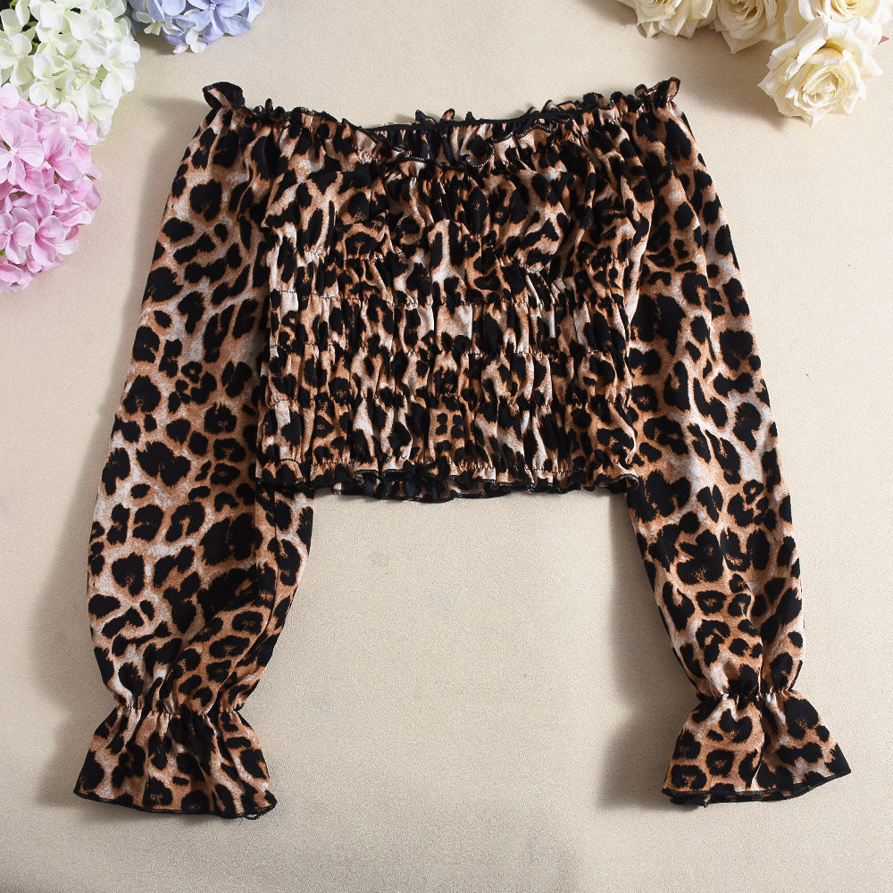 Black spotted leopard print long sleeved short skirt two-piece set for women