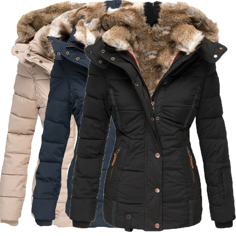 New Winter Warm Wool Collar Cotton Coat Women's Zipper Long Sleeve Slim Fit Cotton Coat Coat Hooded Coat by eprolo