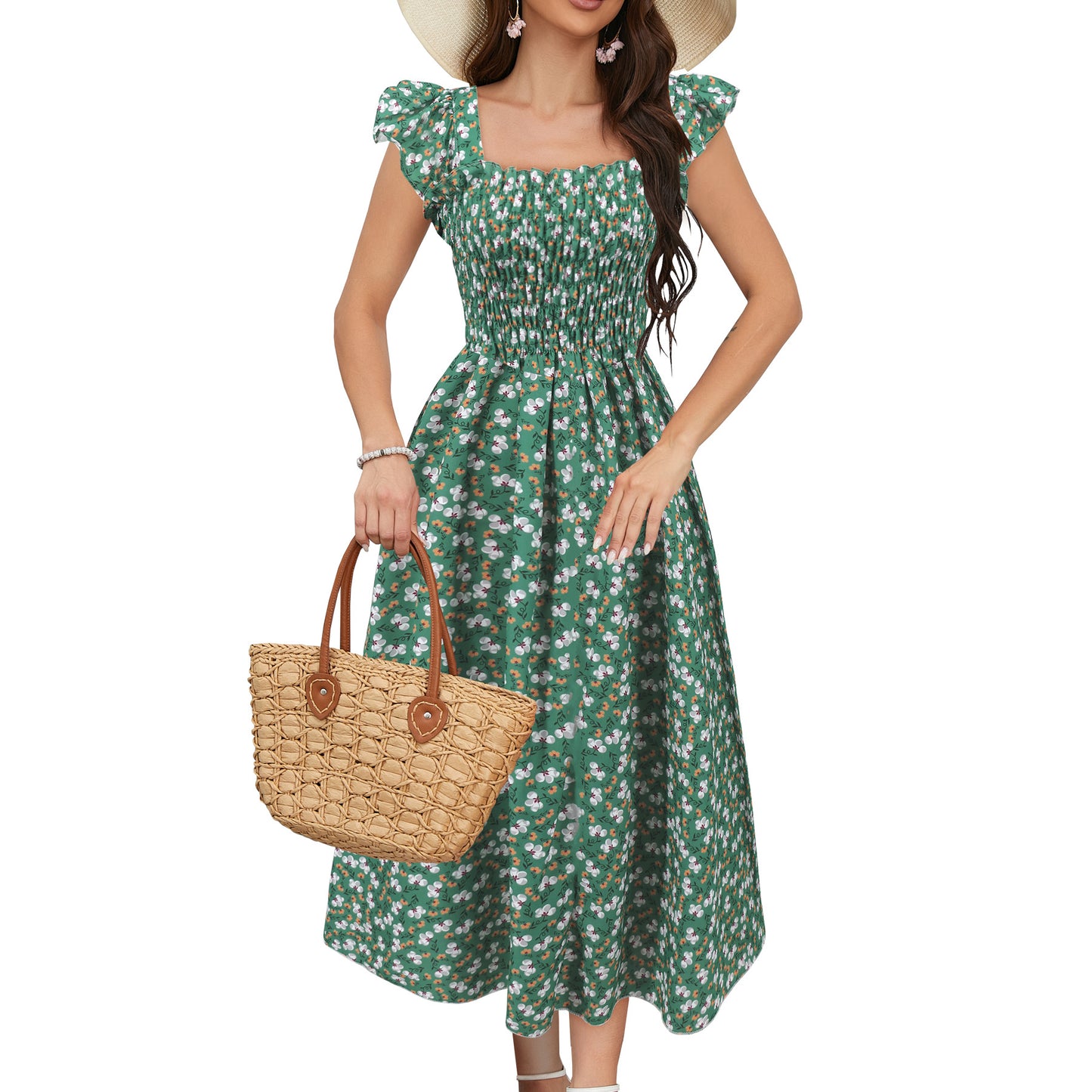 Printed Dress Square Collar A-line Long Dress by eprolo