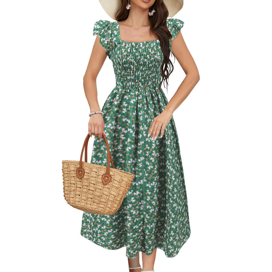 Printed Dress Square Collar A-line Long Dress by eprolo