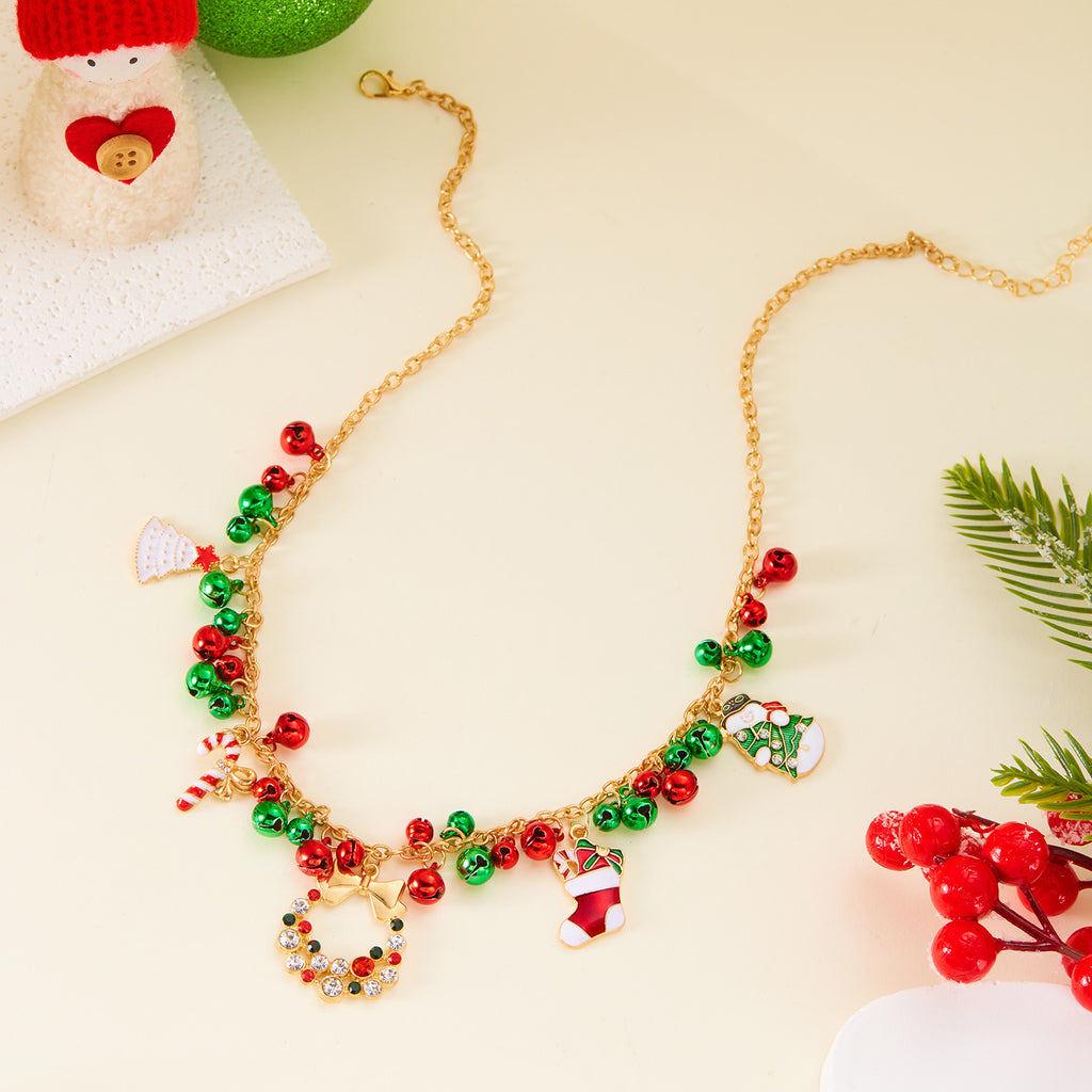Christmas-themed Necklace for Women, Santa Claus Wreath Rhinestone Pendant, Christmas Bell and Tree Sweater Chain