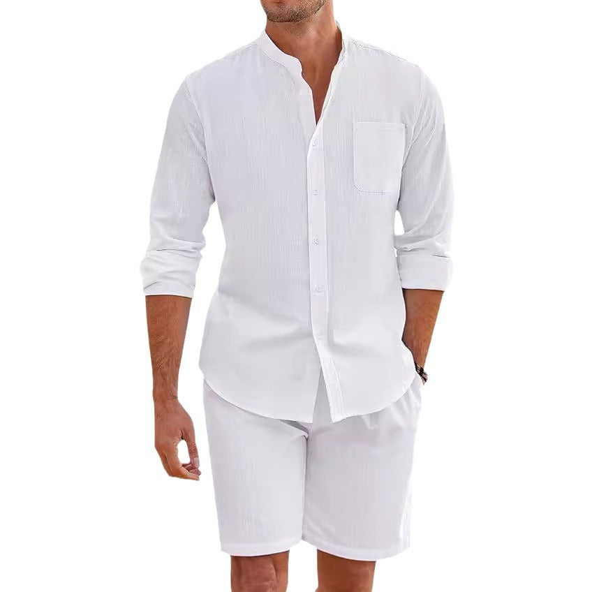 Casual Men's Summer Two-Piece Set Polyester Button-Up Long Sleeve Shirt and Shorts Cardigan Simple Leisure Beachwear by eprolo