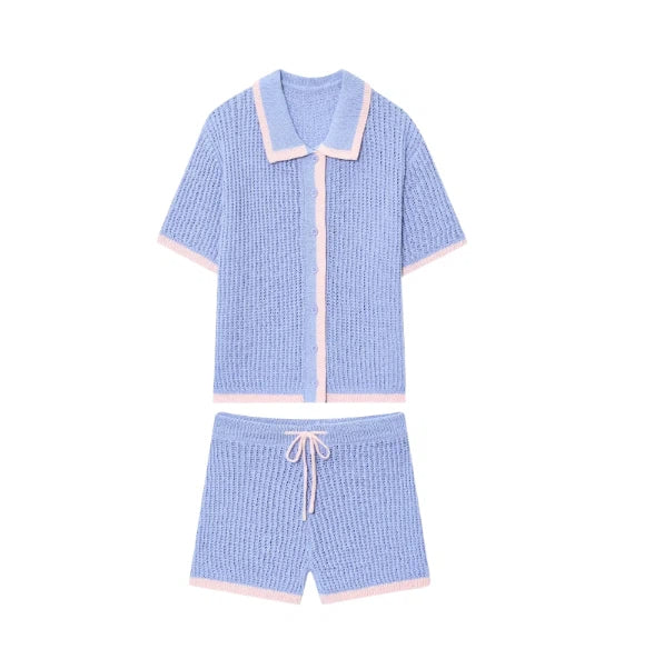 Knitted polo shirt jacket+shorts set