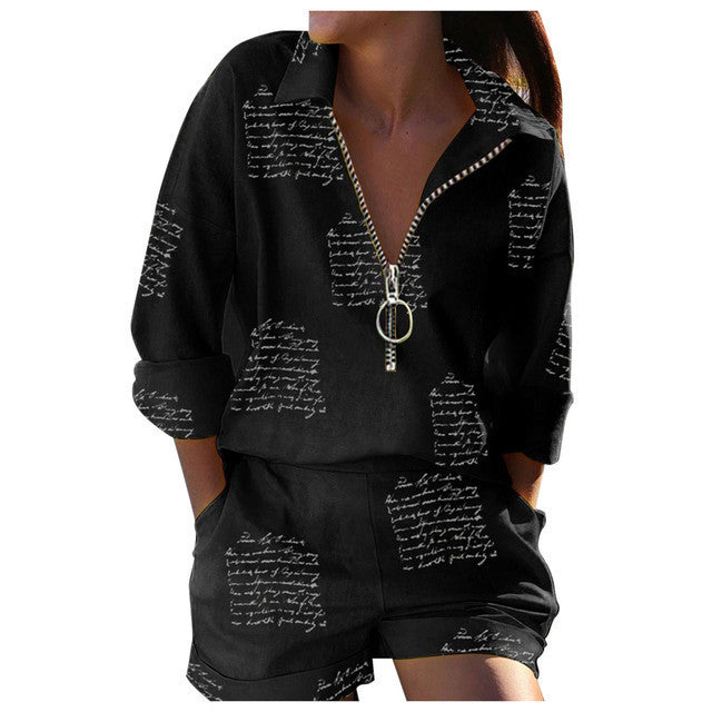 Fashionable Spring Women's Two-Piece Set with Long Sleeve Printed Zip-Up Top and Shorts by eprolo