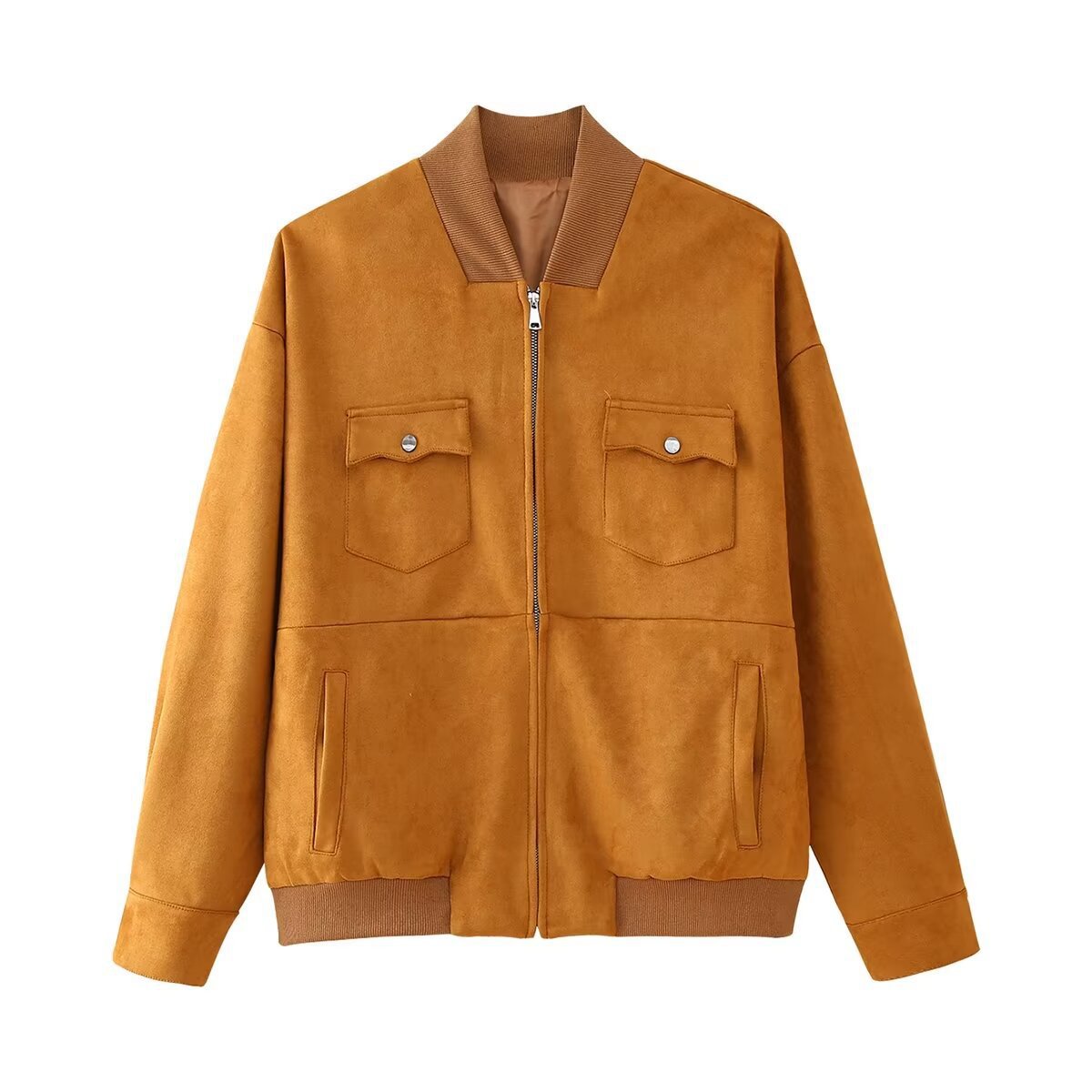 Stand up collar pocket embellished with suede retro style jacket for women by eprolo