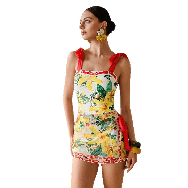 Linen Printed Halter One-Piece Swimsuit for Women by eprolo