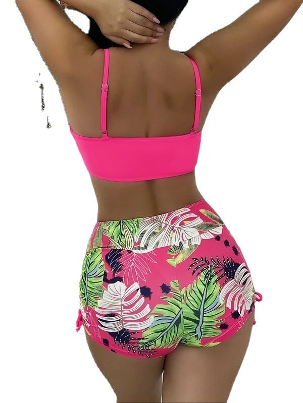 European and American Swimwear Women's Sexy Split Bikini High Waisted Conservative Bikini Leaf Swimwear