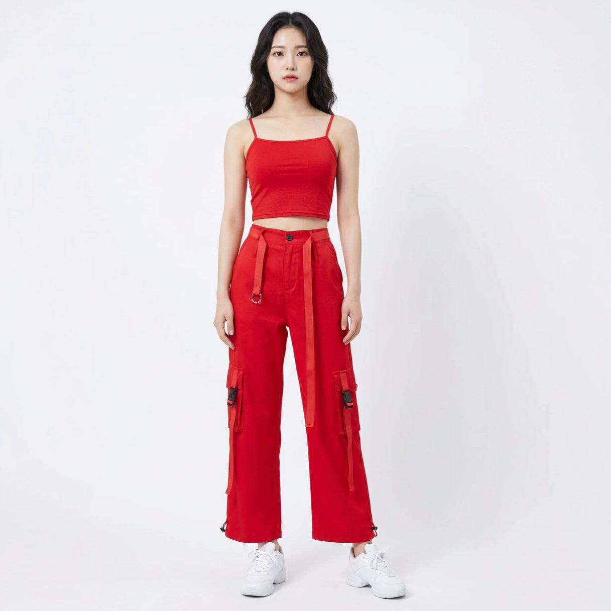 Red Trendy Jazz Hip-Hop Dance Performance Outfit, Girl Group Style Cheerleading Stage Costume Set by eprolo