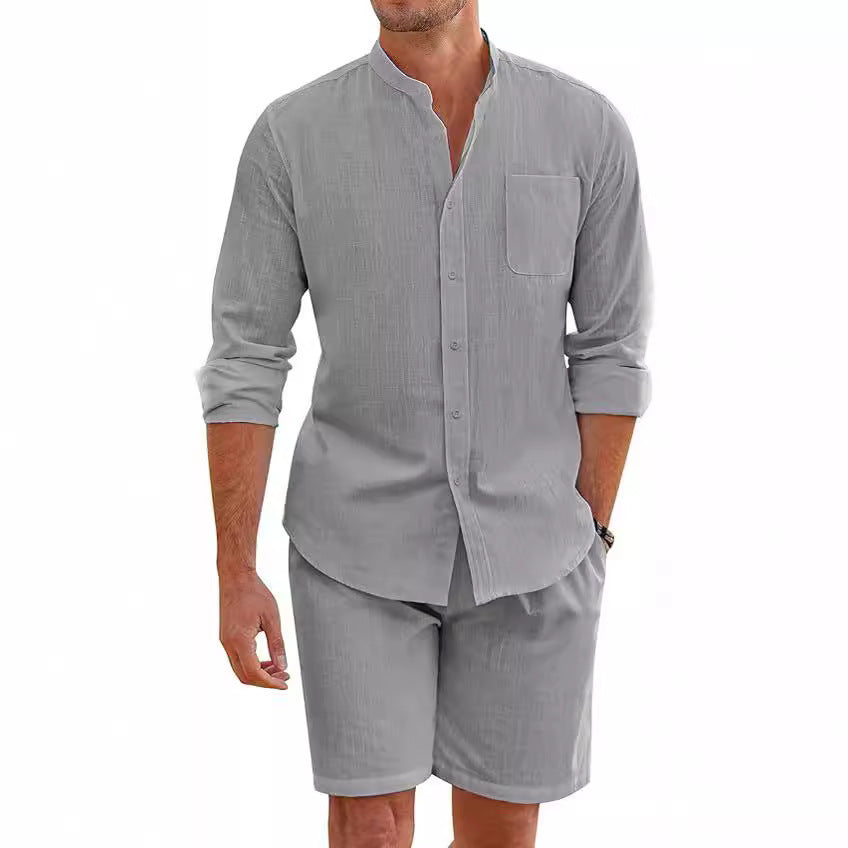 Casual Men's Summer Two-Piece Set Polyester Button-Up Long Sleeve Shirt and Shorts Cardigan Simple Leisure Beachwear by eprolo