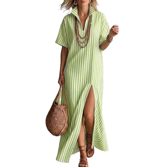 V-neck short sleeved striped split cotton linen dress by eprolo