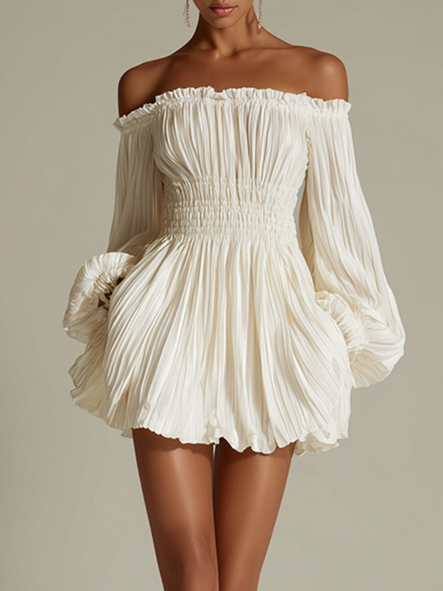 Elegant One-Shoulder Pleated Fitted Long Sleeve Dress for Women by eprolo