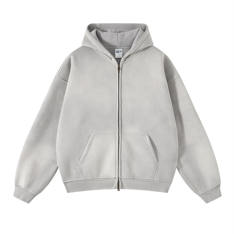 Solid color distressed fleece hoodie loose and versatile washed zipper sweatshirt for men by eprolo