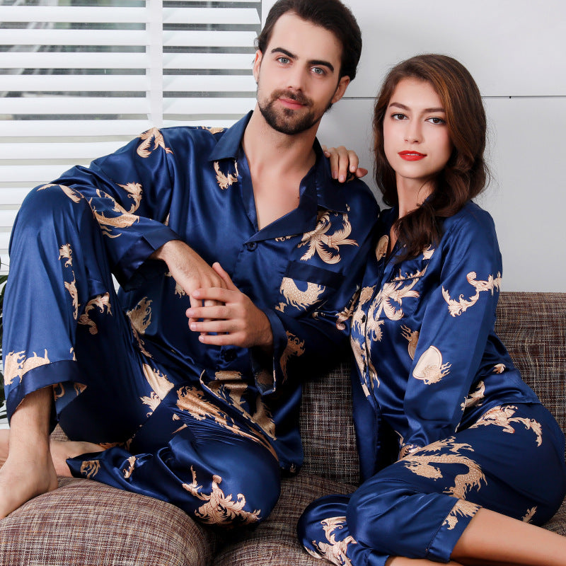 Simulated silk couple sleepwear new long sleeved set men's and women's V-neck silk printed dragon and phoenix home clothes by eprolo