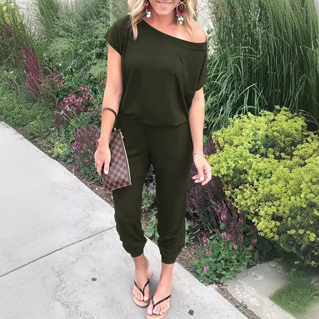 Fashionable Asymmetrical Shoulder Short Sleeve Pocket Women's Jumpsuit in 6 Colors